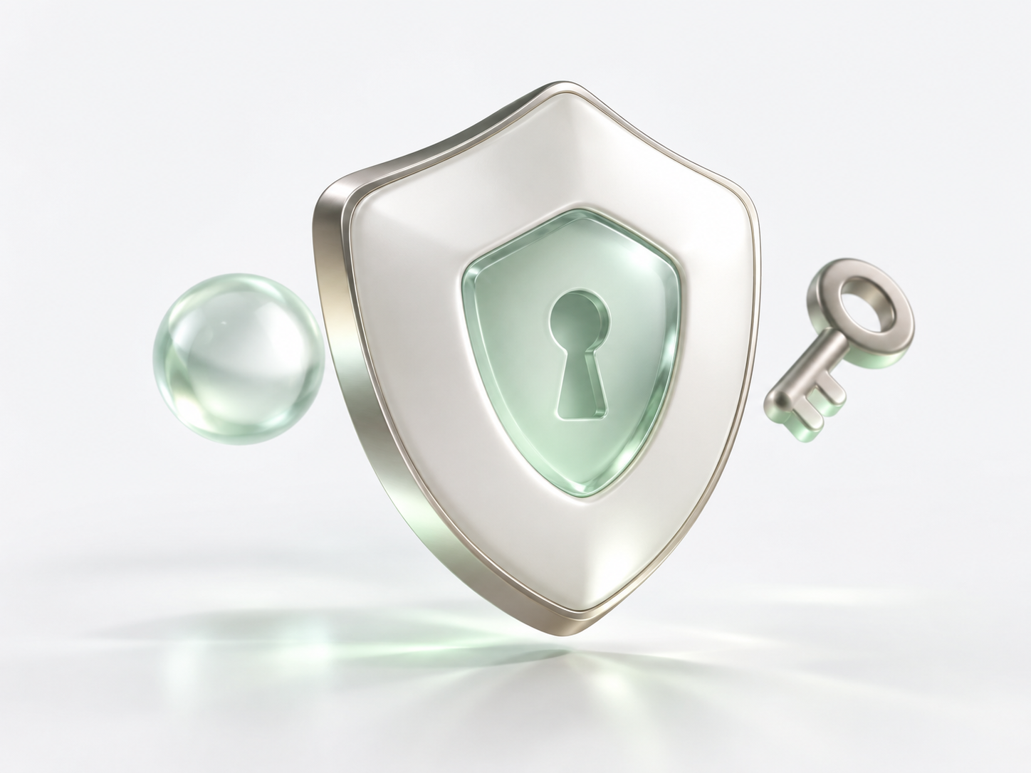 A pearl-white shield with a glass keyhole and a floating silver key